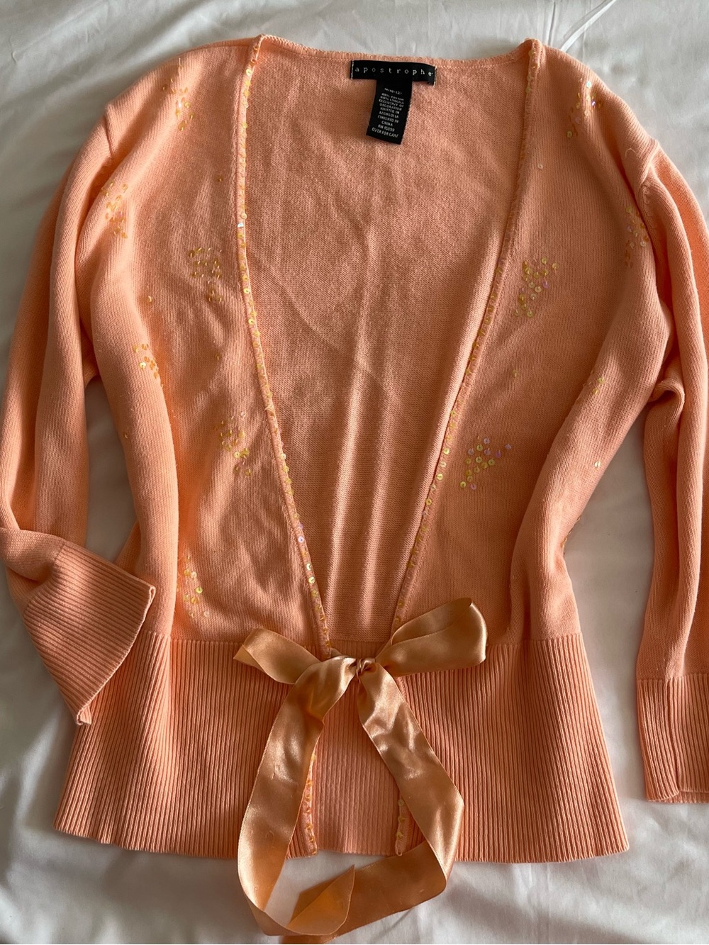 Apostrophe Peach Ribbon-Tie Cardigan with Sequin Accents
